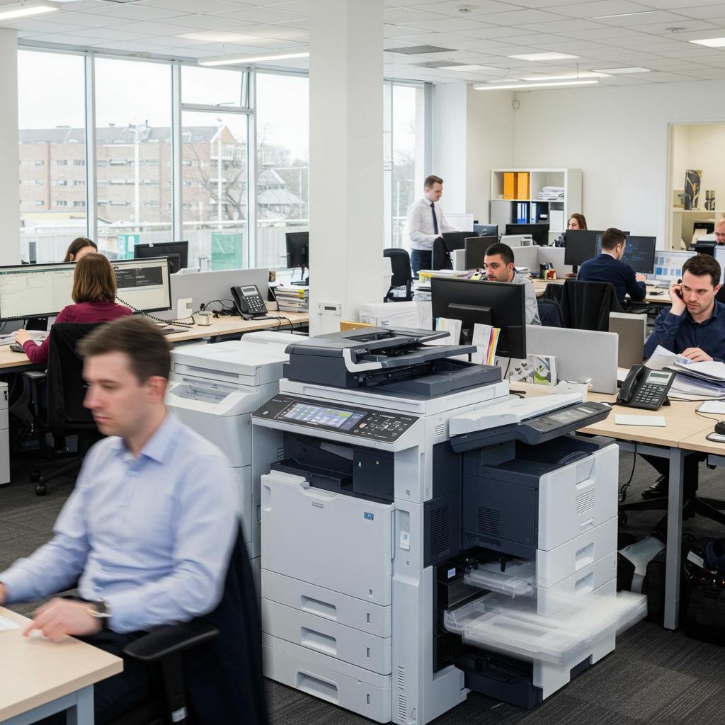 Business professional analyzing print data in a high-tech office, illustrating managed print services benefits