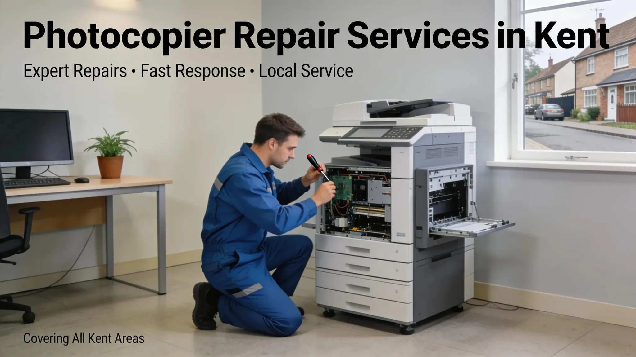 Technician repairing a photocopier in an office, illustrating repair services available in Kent