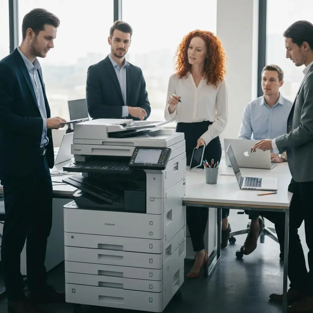 Office scene illustrating managed print services with a multifunction printer and connected devices