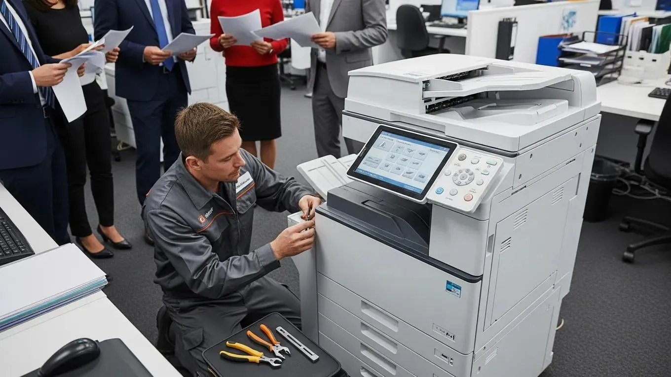 Technician addressing a paper jam in a photocopier during an emergency repair