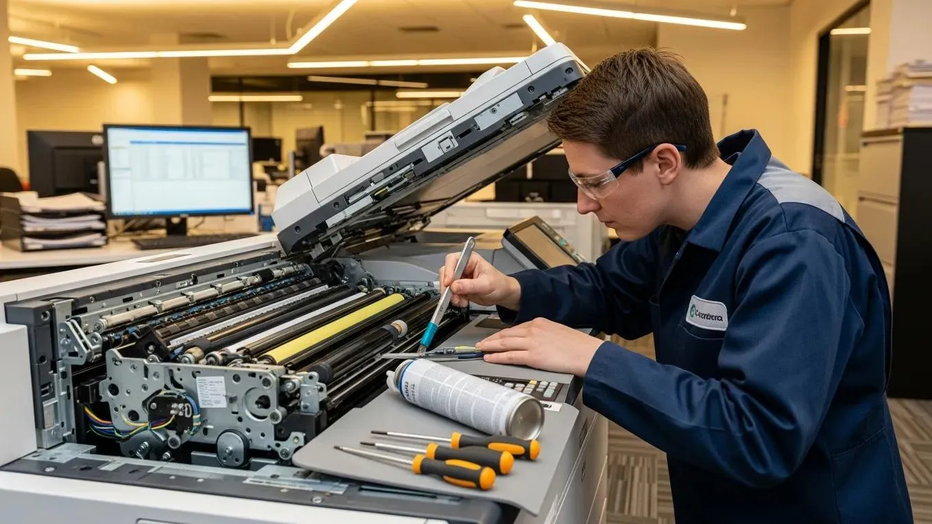 Technician conducting regular maintenance on a photocopier in an office