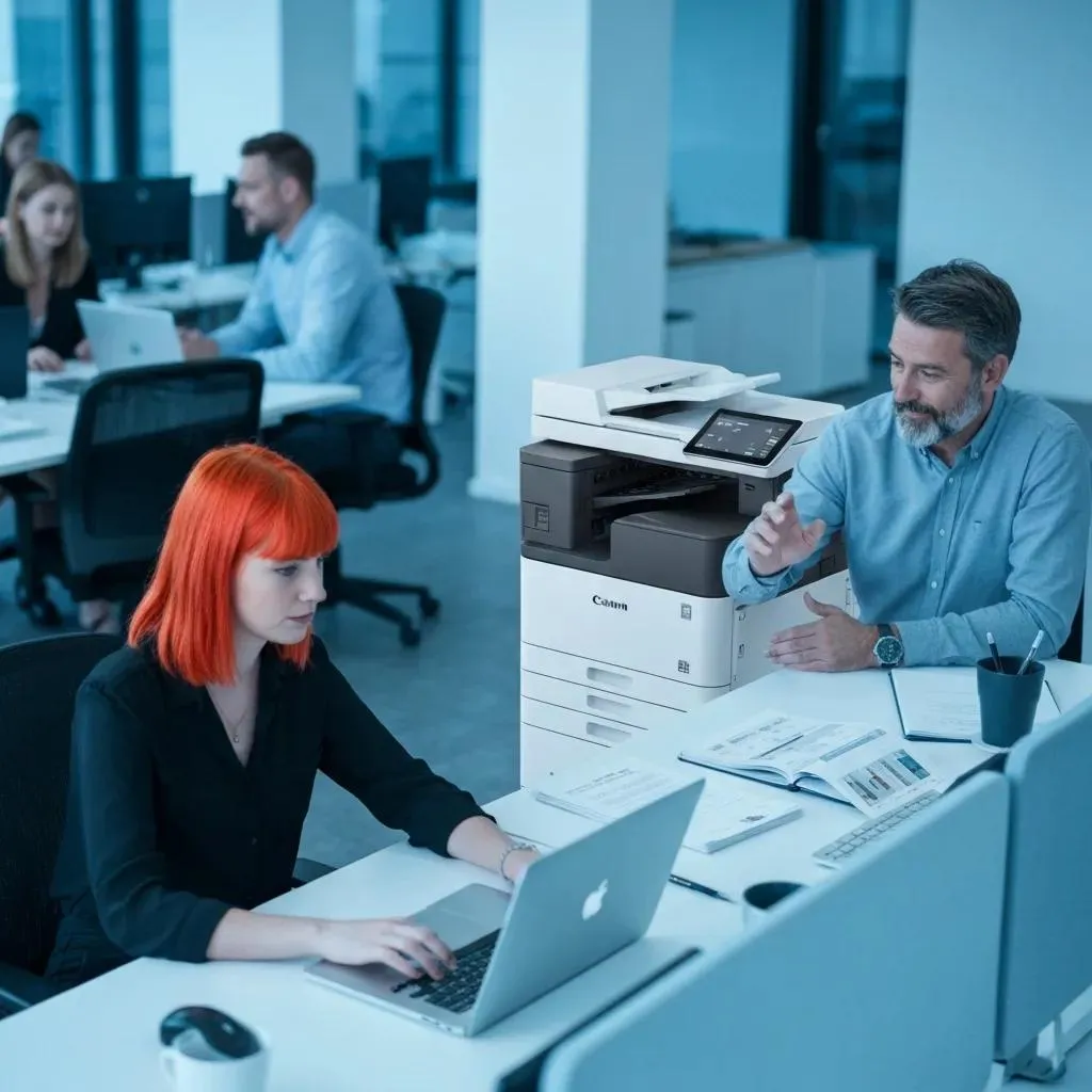 Calculator and documents illustrating the financial benefits of leasing photocopiers